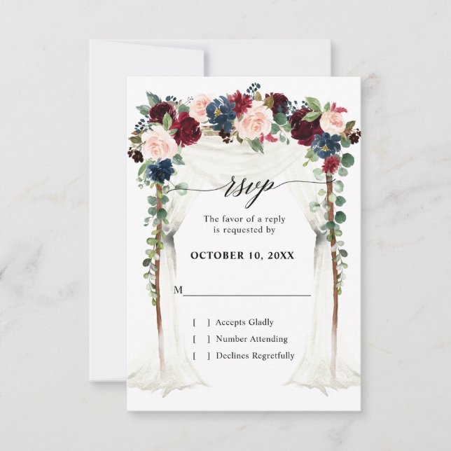 Burgundy Blush Navy Floral Arch Canopy Wedding RSVP Card (Front)