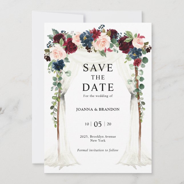 Burgundy Blush Navy Floral Arch Canopy Wedding Save The Date (Front)