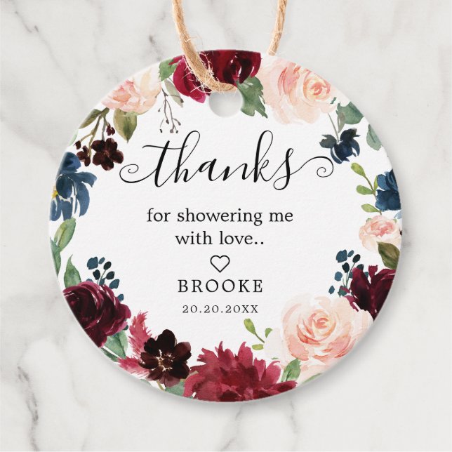 Burgundy Blush Navy Floral Blossom Bridal Shower Favour Tags (Front)