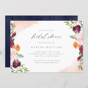 Burgundy Blush Navy Floral Botanical Bridal Shower Invitation