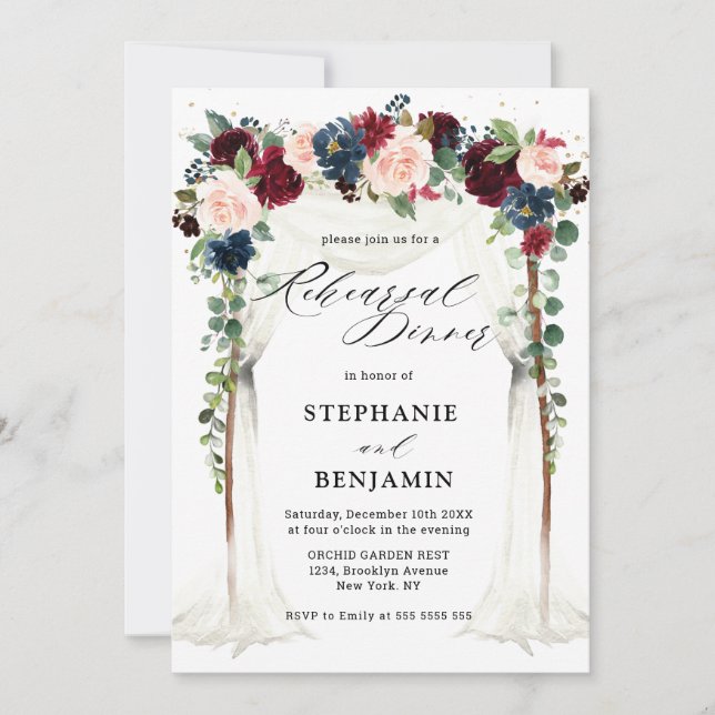 Burgundy Blush Navy Floral Canopy Rehearsal Dinner Invitation (Front)
