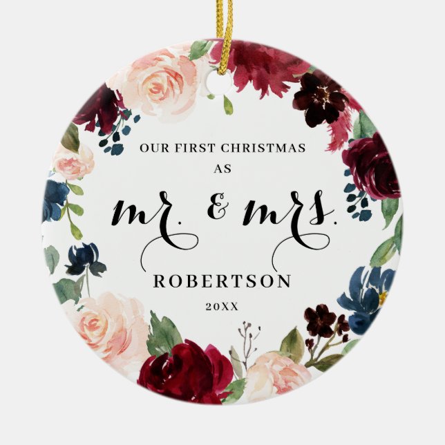 Burgundy Blush Navy Floral First Christmas Ceramic Ornament (Front)