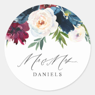 Burgundy Blush & Navy Floral Mr & Mrs Wedding Classic Round Sticker