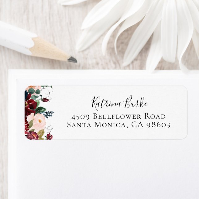Burgundy Blush Navy Floral Return Address Label (Insitu)