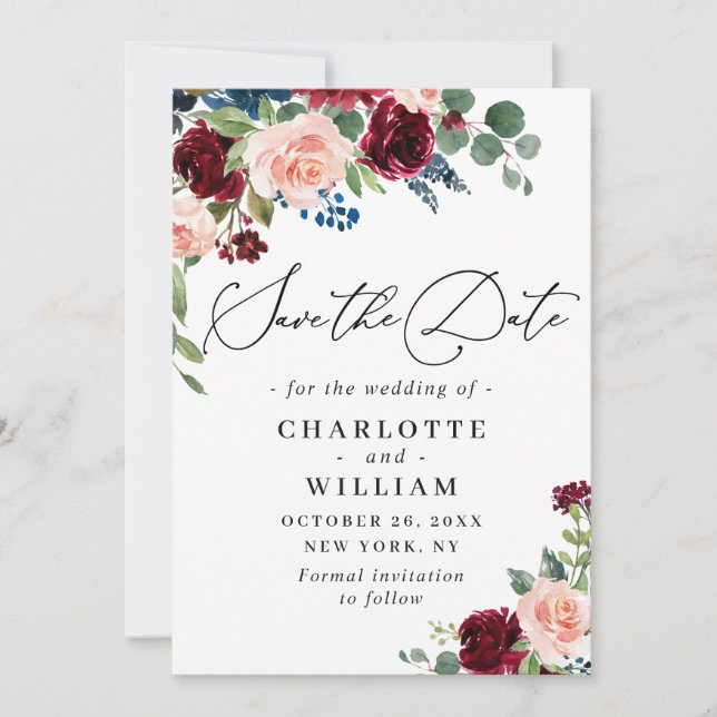 Burgundy Blush Navy Floral Roses Floral Wedding Save The Date (Front)