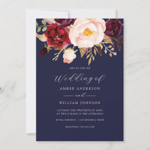 Burgundy Blush Navy Floral Wedding Invitation