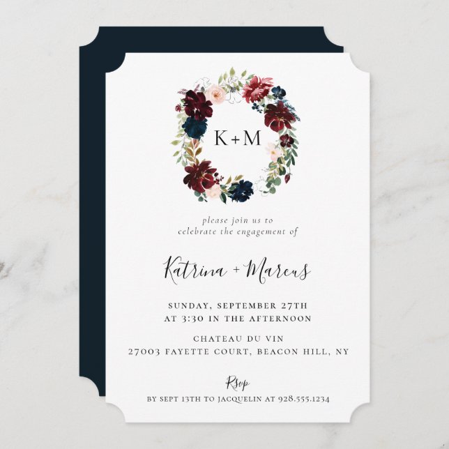 Burgundy Blush Navy Floral Wreath Engagement Invitation (Front/Back)