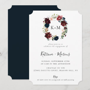 Burgundy Blush Navy Floral Wreath Engagement Invitation
