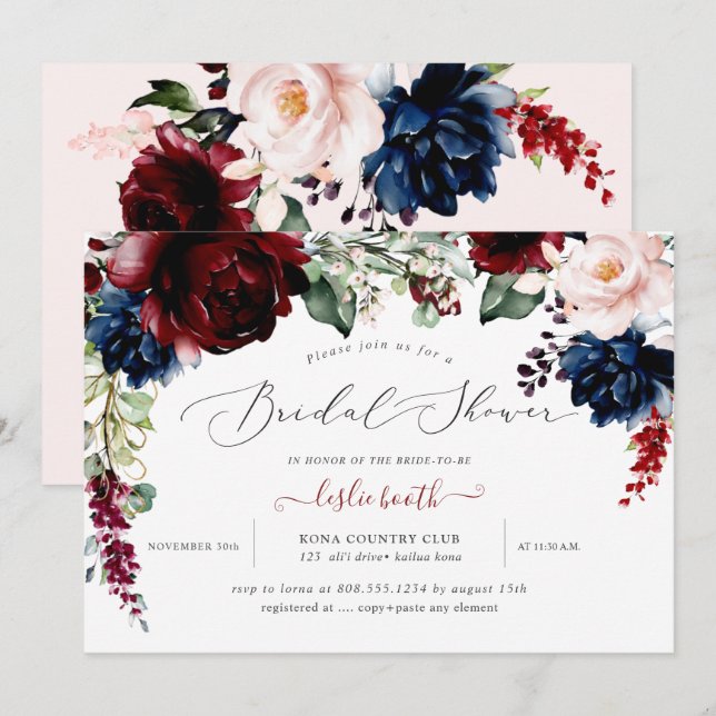 Burgundy Blush Navy Flowers Bridal Shower Invitation (Front/Back)