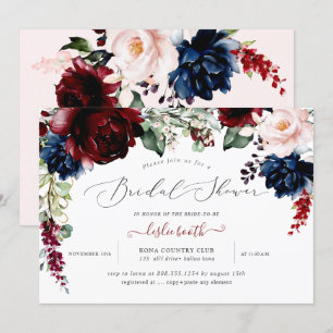 Burgundy Blush Navy Flowers Bridal Shower Invitation