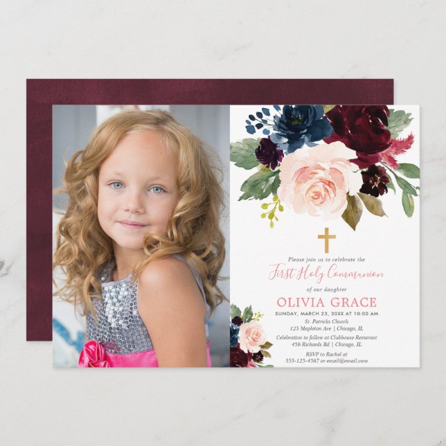 Burgundy blush navy girl first communion photo invitation (Front/Back)