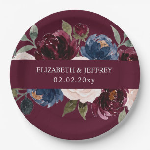 Burgundy Blush Navy Greenery Floral Wedding Paper Plate