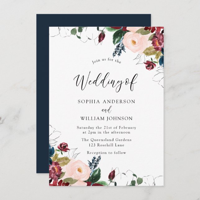 Burgundy Blush Navy Indigo Florals Wedding Invitation (Front/Back)