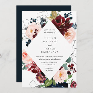 Burgundy Blush Navy Painted Floral Wedding Invitation