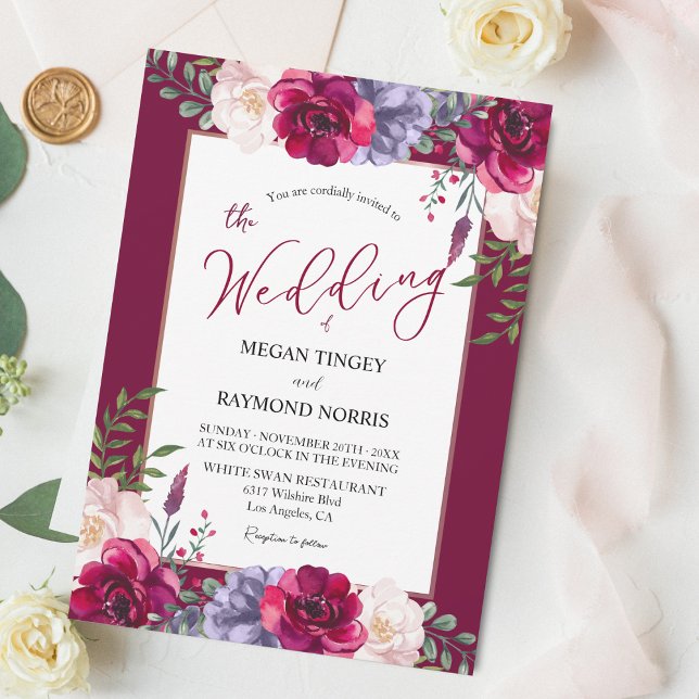 Burgundy Blush & Navy Peony Floral Bloom Wedding Invitation (Creator Uploaded)