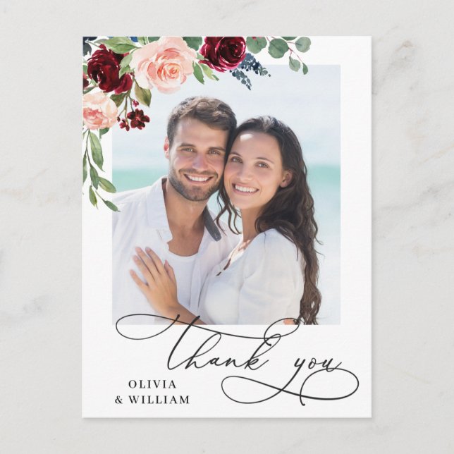 Burgundy Blush Navy Rose Wedding Photo Thank You Postcard (Front)