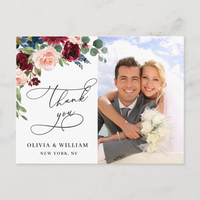 Burgundy Blush Navy Rose Wedding Photo Thank You Postcard (Front)