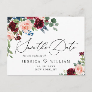 Burgundy Blush Navy Rose Wedding Save the Date Postcard