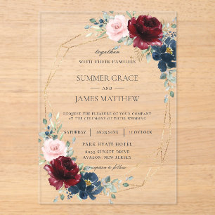 Burgundy Blush Navy Roses Floral Geometric Wedding Acrylic Invitations