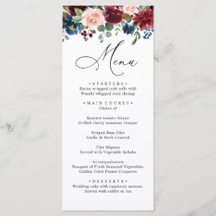 Burgundy Blush Navy Roses Wedding Dinner Menu
