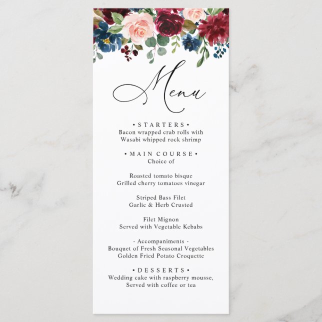 Burgundy Blush Navy Roses Wedding Dinner Menu (Front)