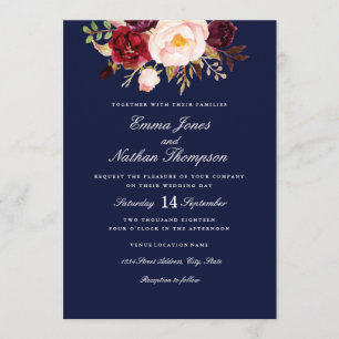 Burgundy Blush Navy Watercolor Floral Wedding Invitation