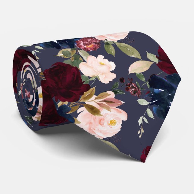 Burgundy Blush Navy Watercolor Flowers DIY bckgrnd Tie (Rolled)