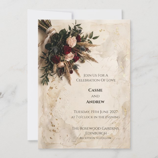 Burgundy Blush Pampas Bouquet Wedding Invitation (Front)