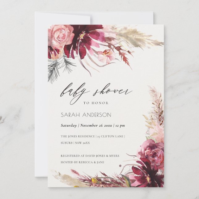Burgundy Blush Pampas Grass Baby Shower Invite (Front)