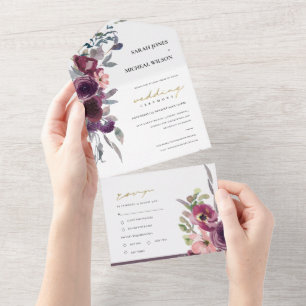 BURGUNDY BLUSH PEACH GREEN WATERCOLOR FLORAL ALL IN ONE INVITATION