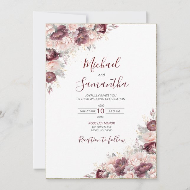 Burgundy Blush Peony and Roses Wedding Invitation (Front)
