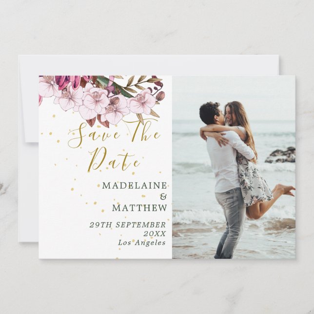 Burgundy Blush Photo Floral Gold Elegant Chic Save The Date (Front)