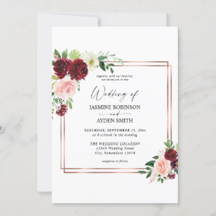 Burgundy & Blush Pink 4 Floral& Gold Frame Wedding Invitation