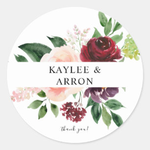 Burgundy & Blush Pink 4 Floral Thank You 2  Classic Round Sticker