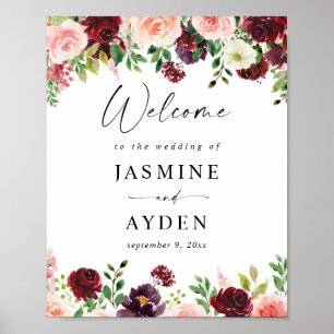 Burgundy & Blush Pink 4 Floral Welcome Sign