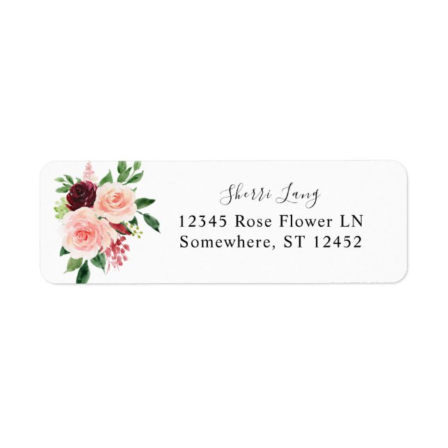 Burgundy & Blush Pink 4B Floral Return Address Label (Front)