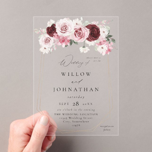 Burgundy & Blush Pink 6 Ele Floral Wedding Acrylic Invitations (Insitu (Handheld))