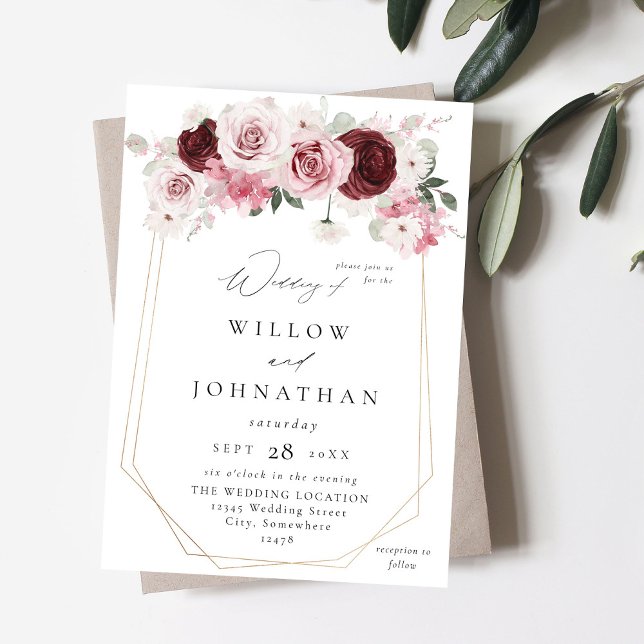 Burgundy & Blush Pink 6 Ele Floral Wedding Invitation (Creator Uploaded)