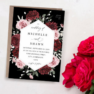 Burgundy & Blush Pink 6 Floral Wedding - Black Invitation