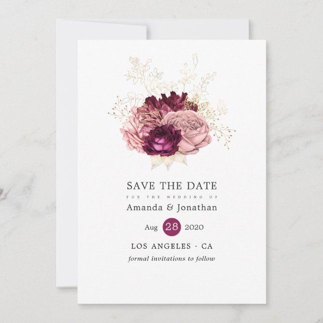 Burgundy, Blush Pink and Gold Floral Wedding Save The Date (Front)