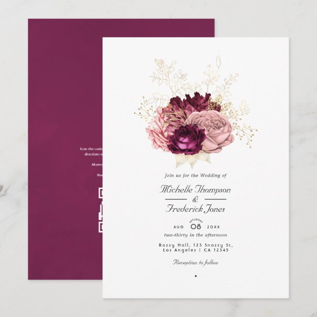 Burgundy Blush Pink and Gold QR Code RSVP Wedding Invitation (Front/Back)