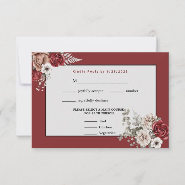 Burgundy, Blush Pink and White Roses Wedding RSVP (Front)