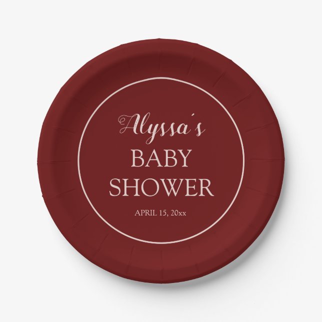 Burgundy Blush Pink Baby Shower Paper Plate (Front)