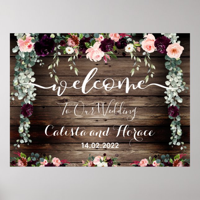 Burgundy Blush Pink Barn Board Wedding Welcome Poster (Front)