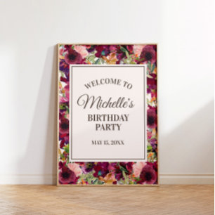 Burgundy Blush Pink Birthday Party Welcome Poster