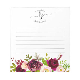 Burgundy Blush Pink Botanical Floral Monogram  Notepad