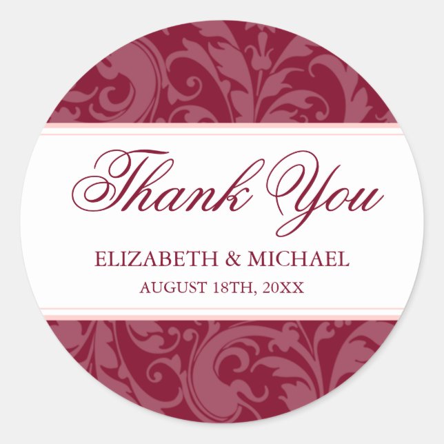 Burgundy Blush Pink Damask Swirl Wedding Thank You Classic Round Sticker (Front)