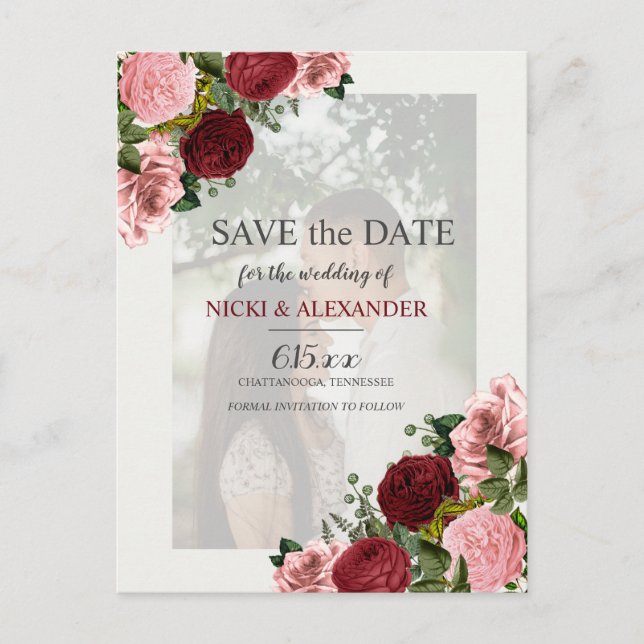 Burgundy Blush Pink Faded Photo Wedding Save Date Postcard (Front)