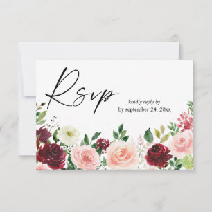 Burgundy & Blush Pink Floral 4 with Meal RSVP Card