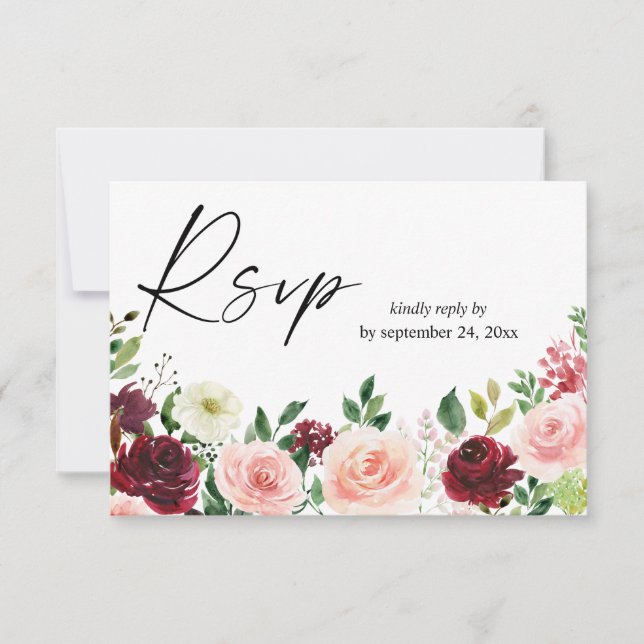 Burgundy & Blush Pink Floral 4 with Meal RSVP Card (Front)